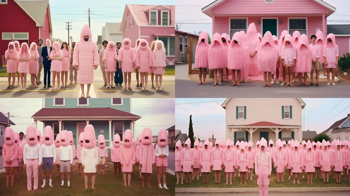 Four-panel study of pink-clad villagers outside pastel houses