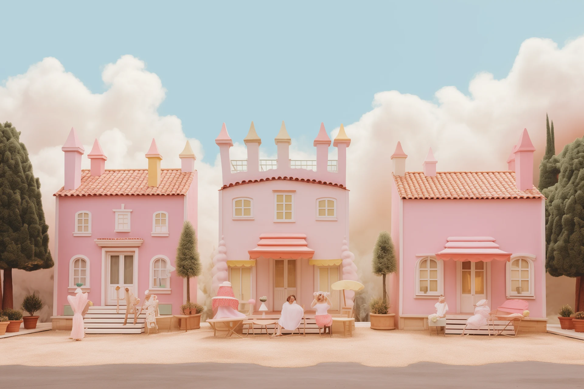 Pastel village architecture with cotton-candy clouds