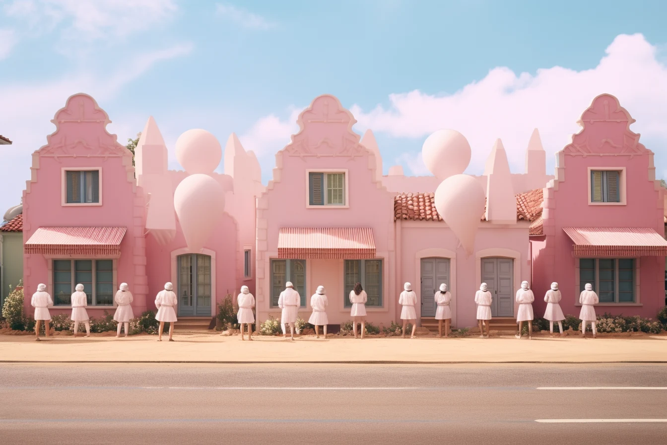 A line of tiny figures in front of pink village facades