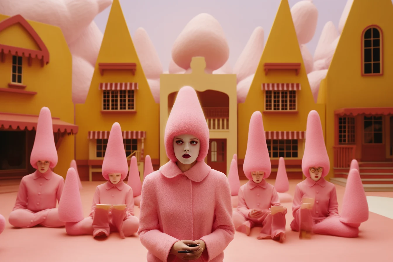 Seated figures in pointed pink hoods before yellow houses