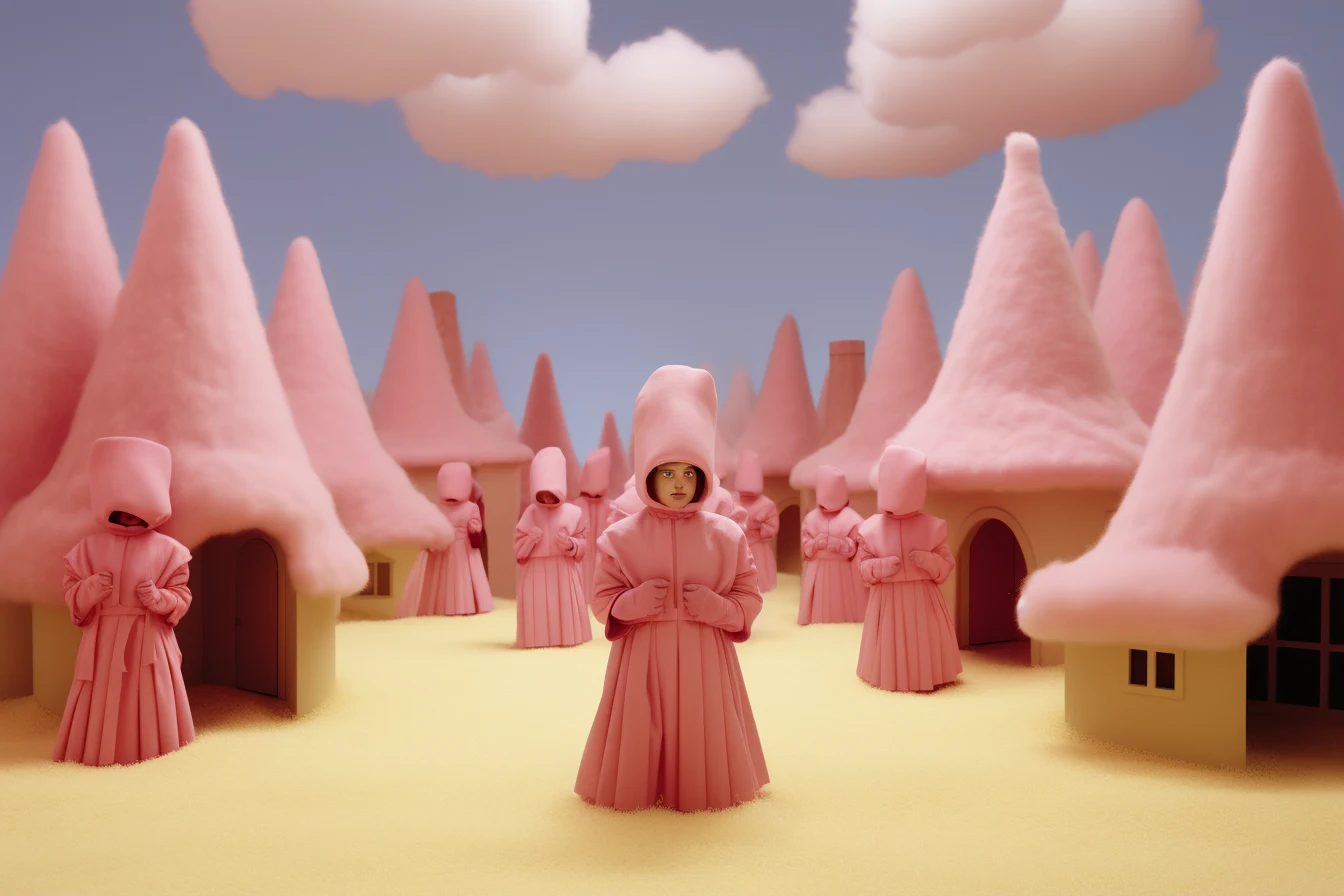 Pink-robed figures among oversized candy-shaped structures