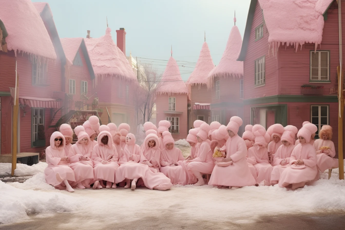 A village gathering of figures in pale pink costumes