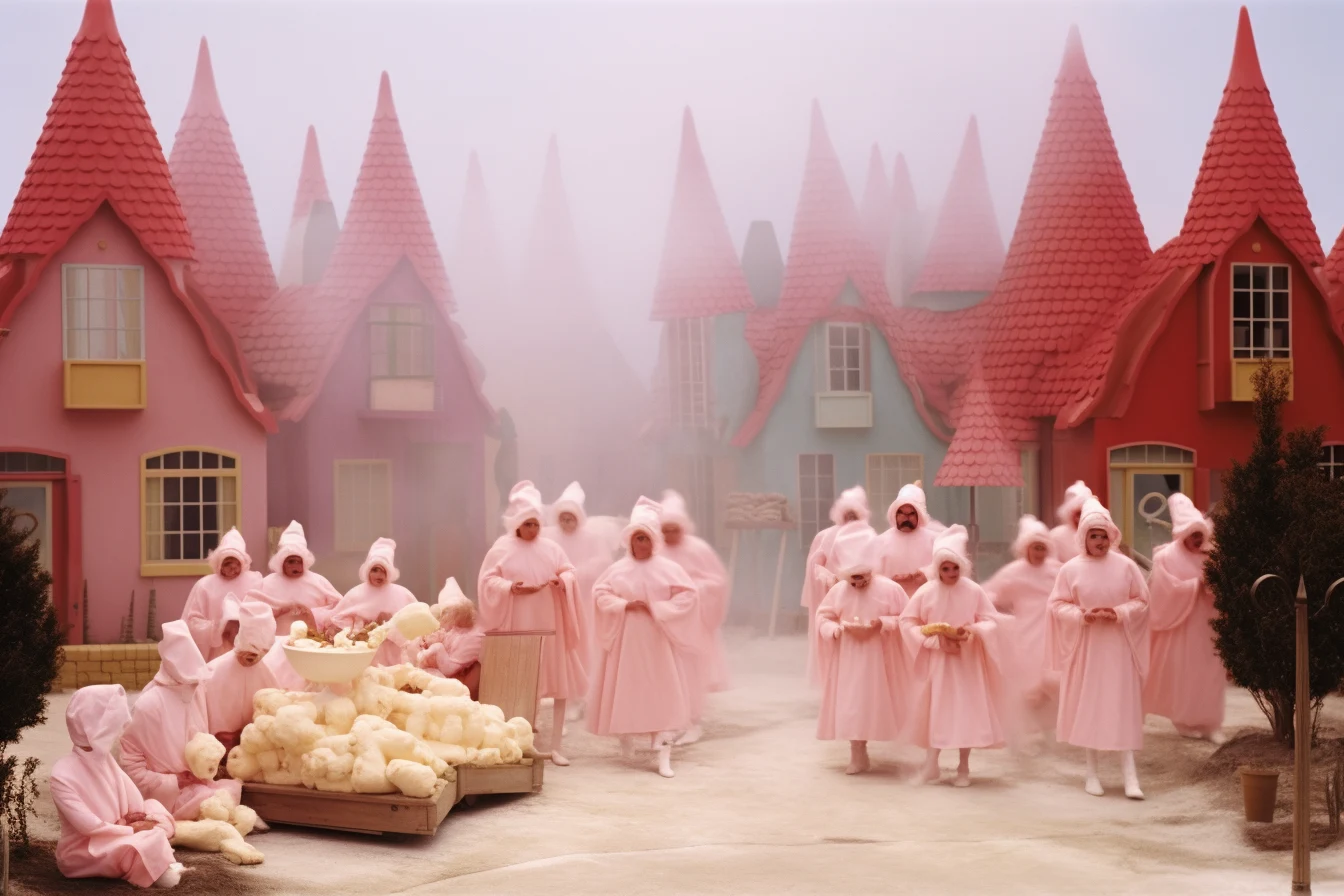 A pink-clad crowd gathered beside a village table