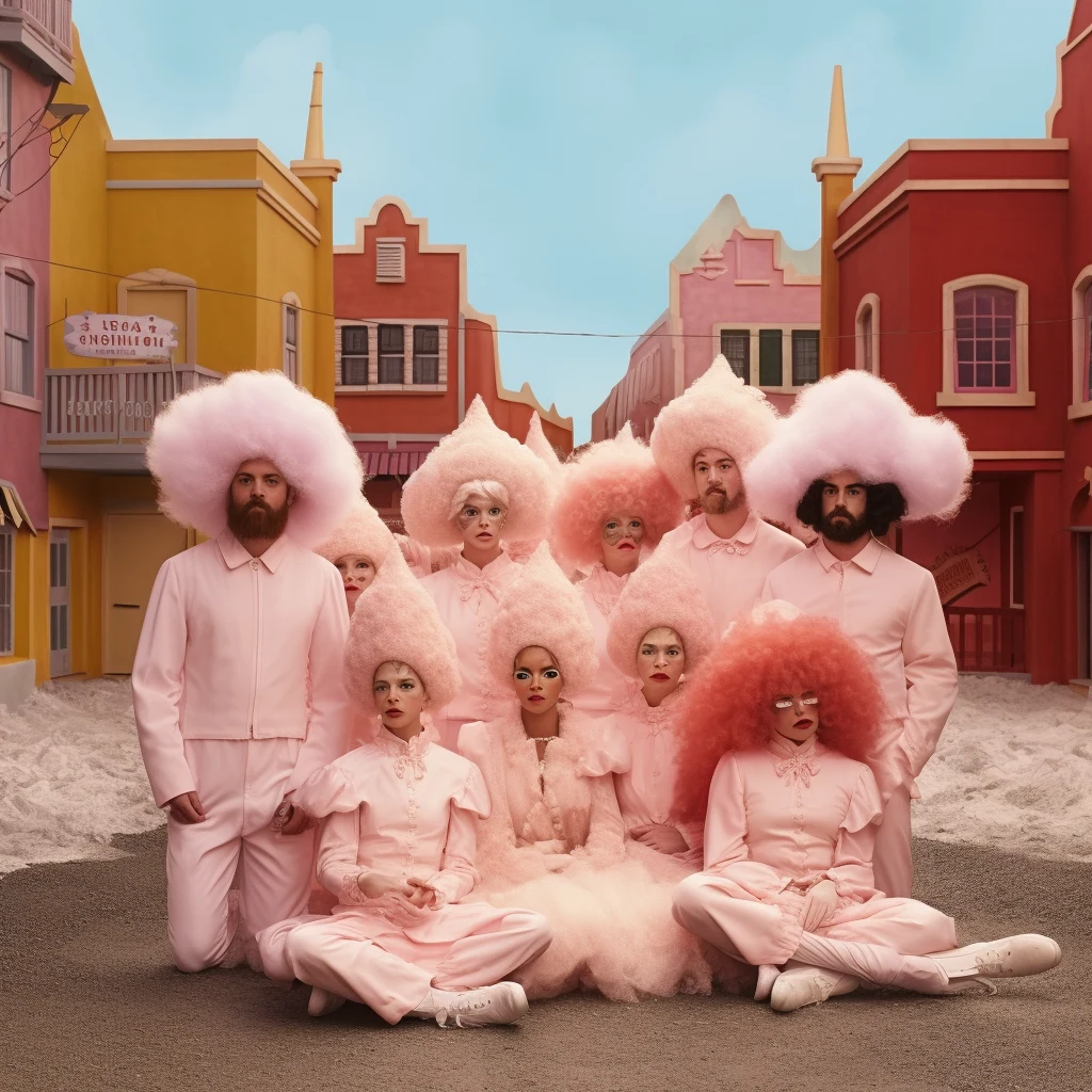 Figures wearing elaborate cotton-candy headpieces in a village square