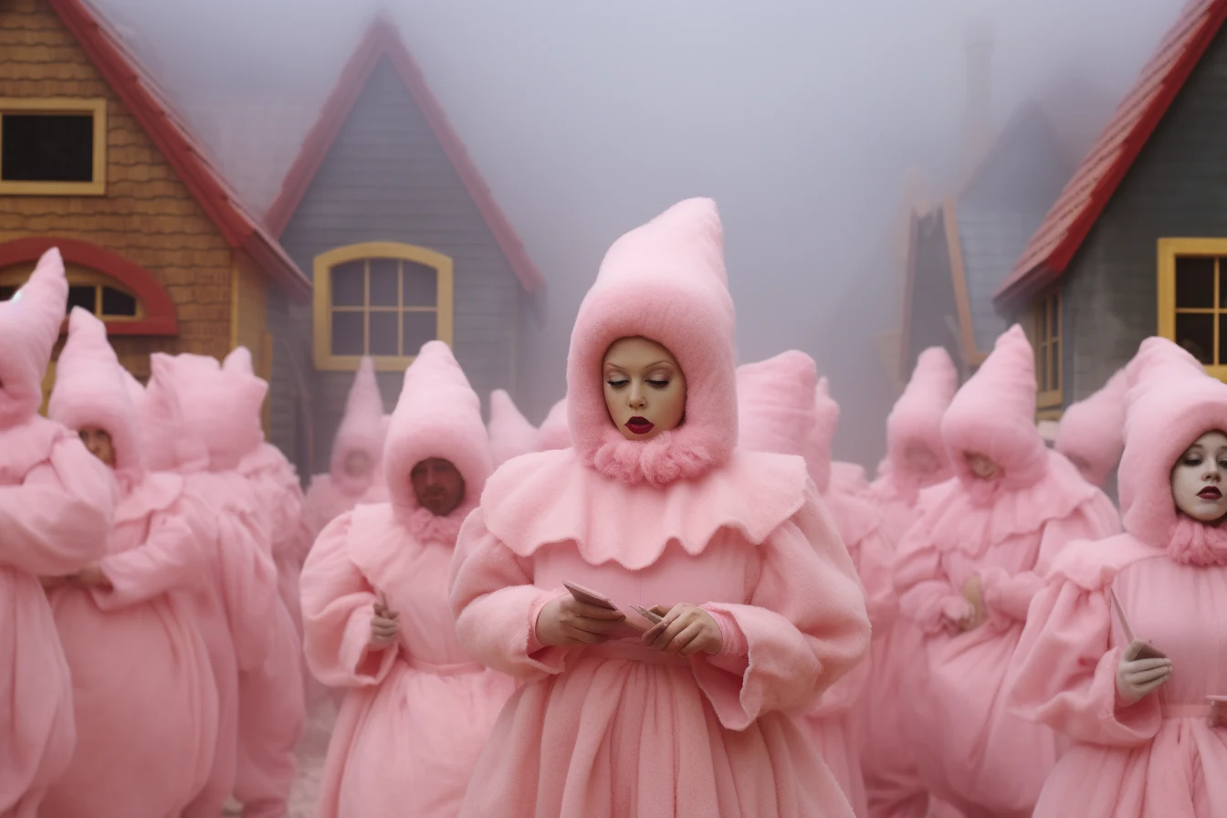 A central figure in a ruffled pink robe surrounded by a crowd
