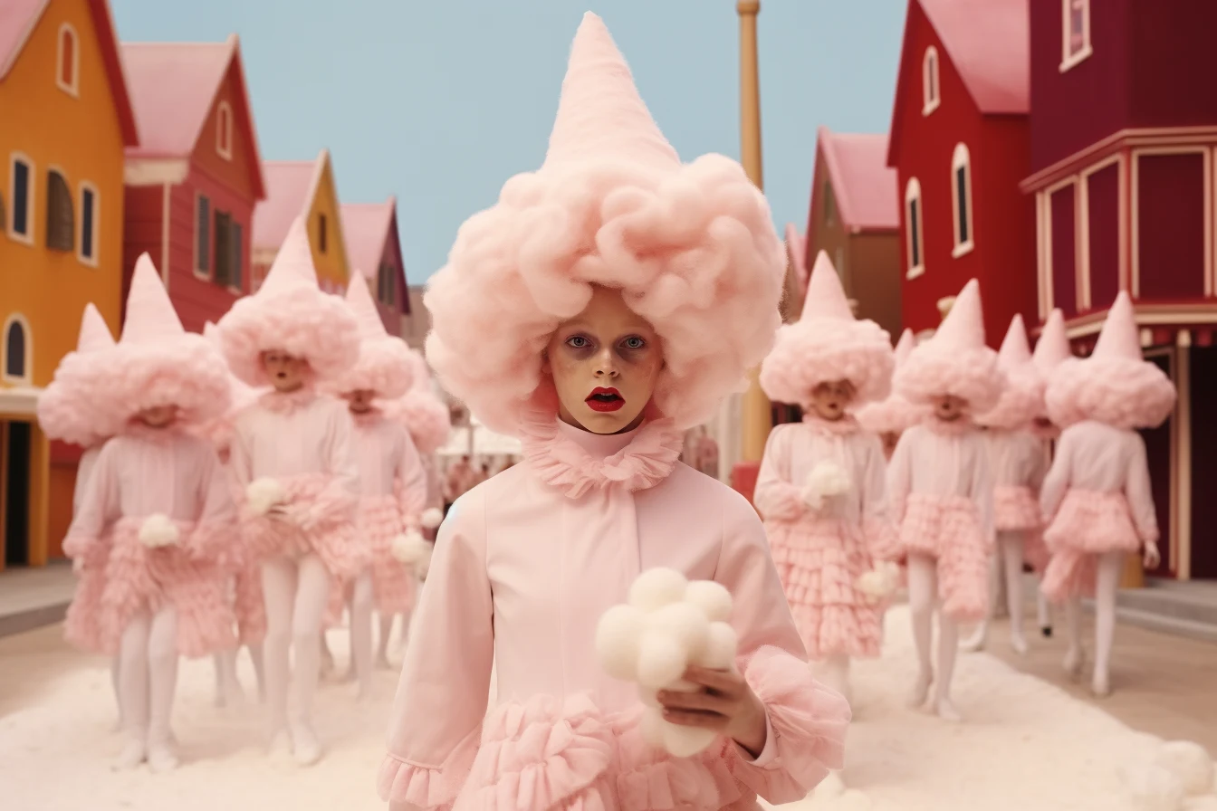 A procession led by a figure with a cloudlike pink headdress