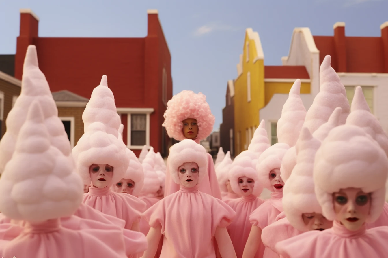 A close crowd of figures in tall cotton-candy hats