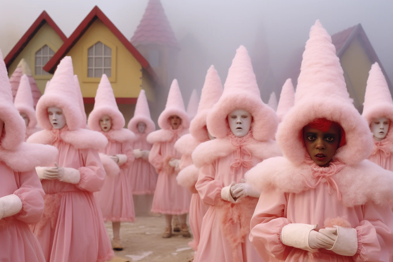 Hooded villagers in pink beneath pointed rooftops