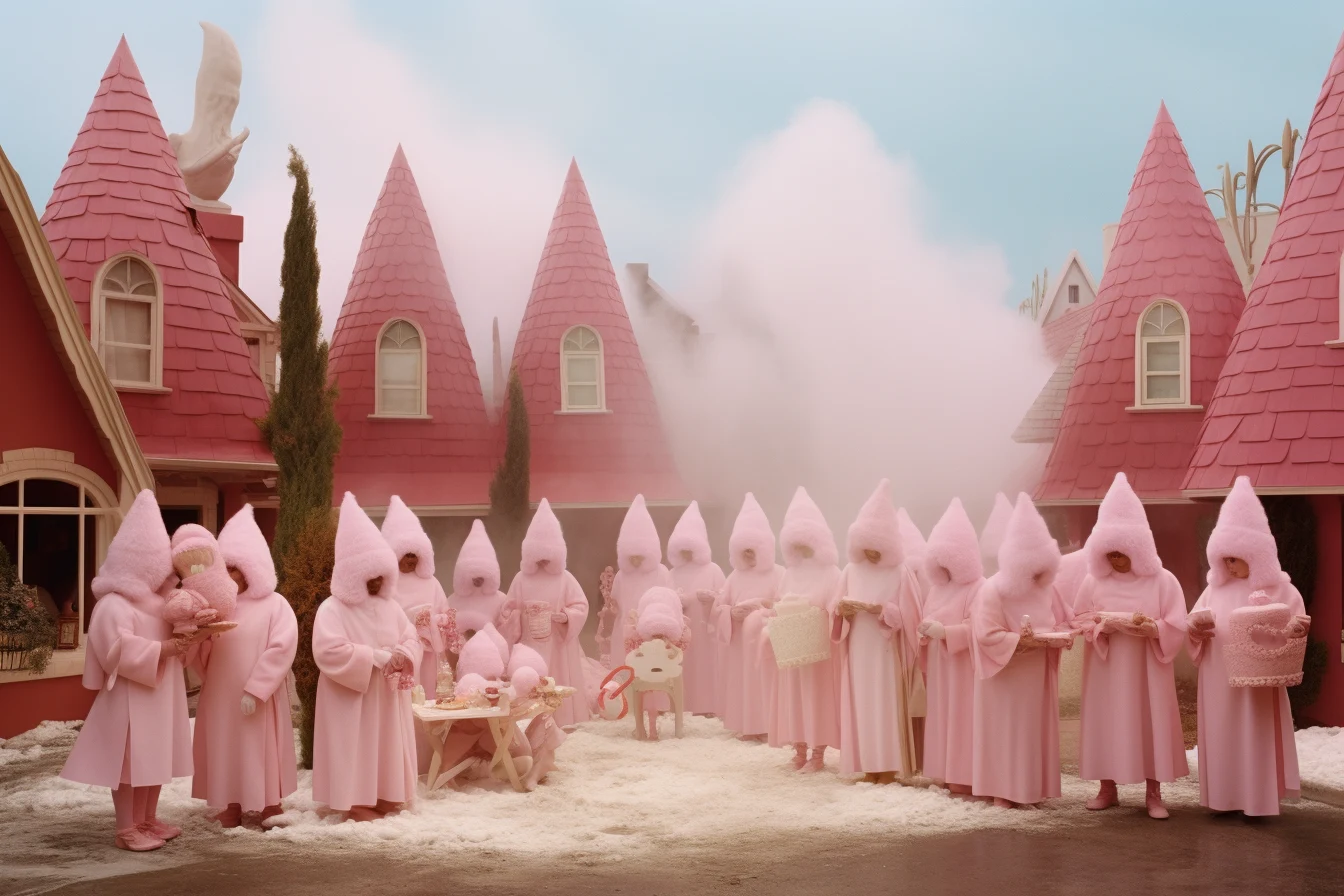 Pink-robed figures in an imagined village
