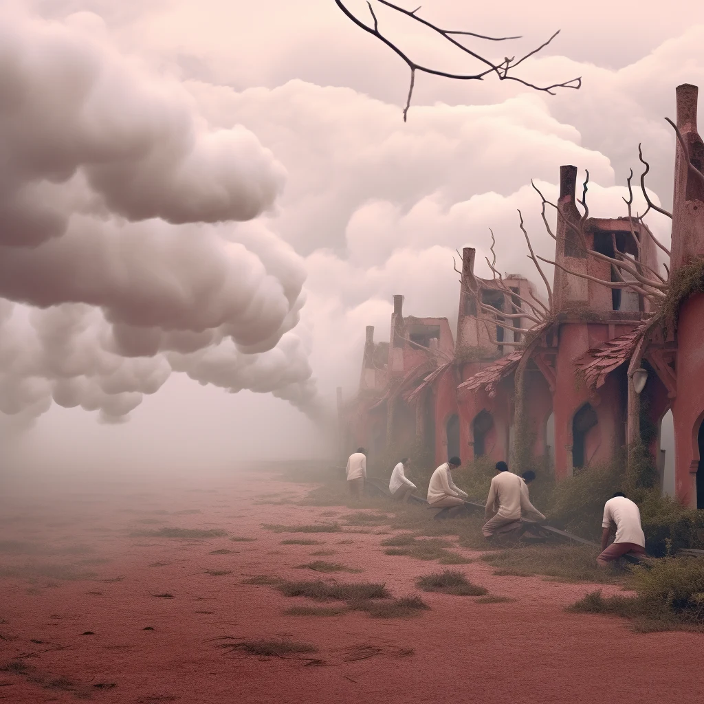 An empty pink landscape with towering clouds and distant buildings