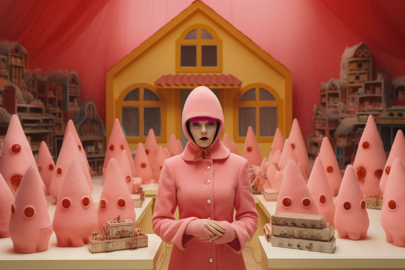 A central pink-hooded figure in a room of candy-shaped forms