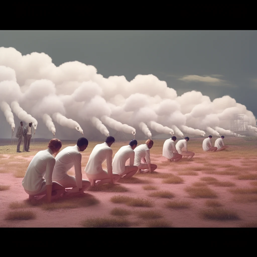 Kneeling figures facing a cloudlike landscape, with black image borders