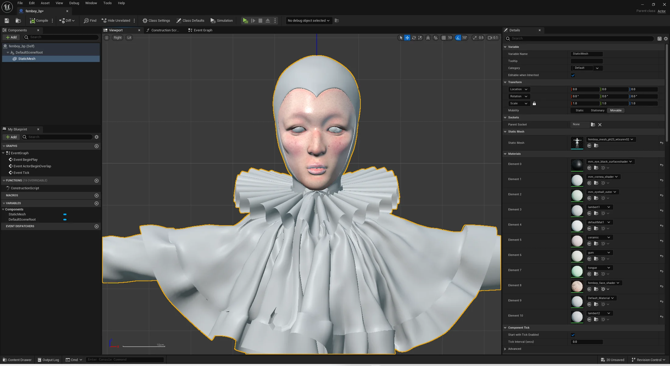 A digital character wearing a ruffled costume in the 3D workspace