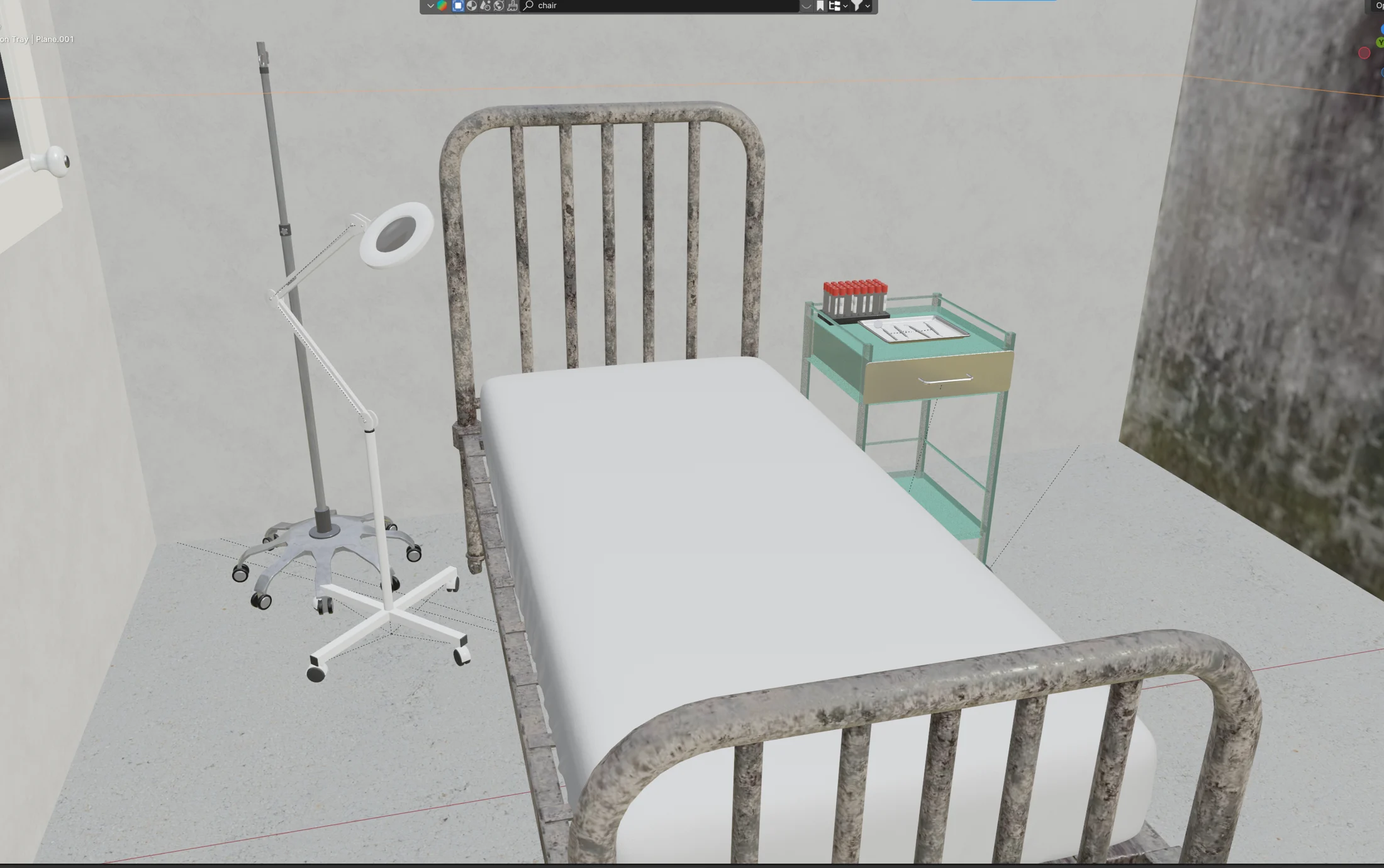 A digital set featuring a hospital bed and medical equipment