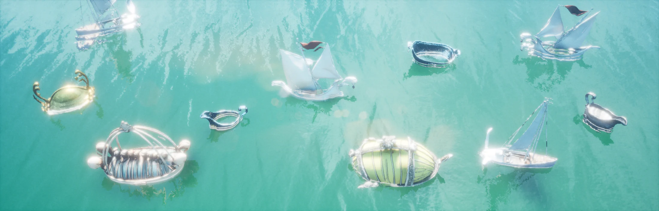 Pale sculptural creatures arranged across a luminous turquoise digital environment